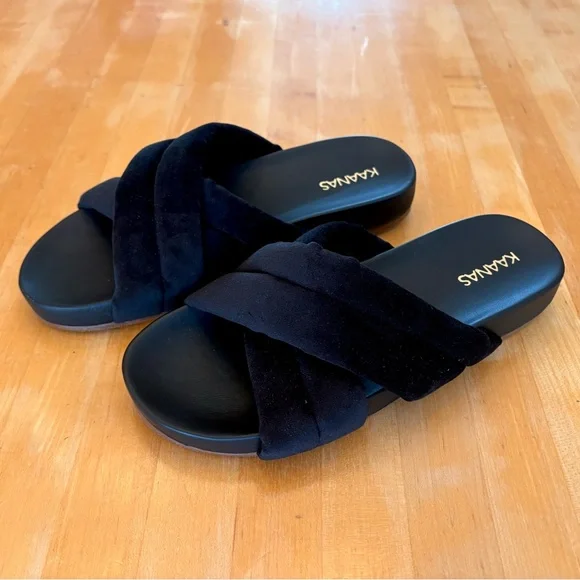 Kaanas Sintra NEW Black Fuzzy Slide Wedge Sandals Plush NEW luxe high quality - Picture 7 of 15